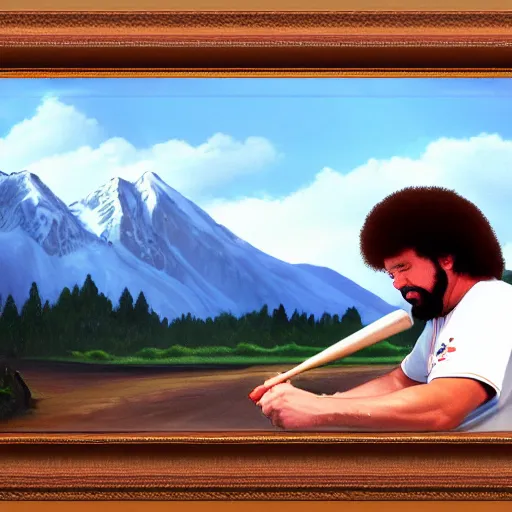 Image similar to a closeup photorealistic photograph of bob ross crafting an image of kenny powers autographing a baseball, painting on a canvas. mountains and trees. film still. brightly lit scene. this 4 k hd image is trending on artstation, featured on behance, well - rendered, extra crisp, features intricate detail, epic composition and the style of unreal engine.