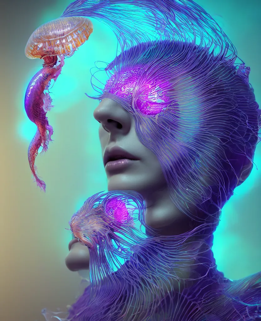 Image similar to goddess close-up portrait. dichroic orchid jellyfish phoenix head, nautilus, skull, betta fish, bioluminiscent creatures, intricate artwork by Tooth Wu and wlop and beeple. octane render, trending on artstation, greg rutkowski very coherent symmetrical artwork. cinematic, hyper realism, high detail, octane render, 8k