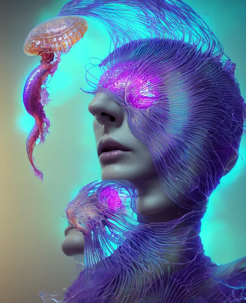 Prompt: goddess close-up portrait. dichroic orchid jellyfish phoenix head, nautilus, skull, betta fish, bioluminiscent creatures, intricate artwork by Tooth Wu and wlop and beeple. octane render, trending on artstation, greg rutkowski very coherent symmetrical artwork. cinematic, hyper realism, high detail, octane render, 8k