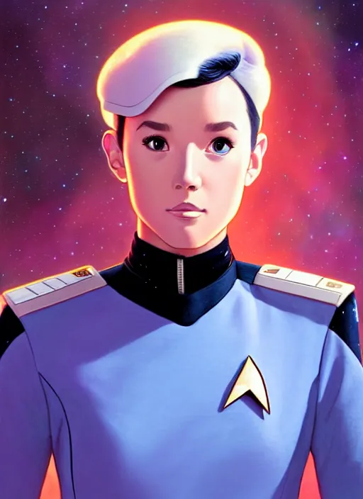 Image similar to cute star trek officer troye sivan, natural lighting, path traced, highly detailed, high quality, digital painting, by don bluth and ross tran and studio ghibli and alphonse mucha, artgerm