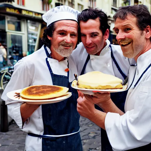 Prompt: closeup portrait of dutch chefs impressing the French people with superior pancakes in a street in Paris, by Steve McCurry and David Lazar, natural light, detailed face, CANON Eos C300, ƒ1.8, 35mm, 8K, medium-format print