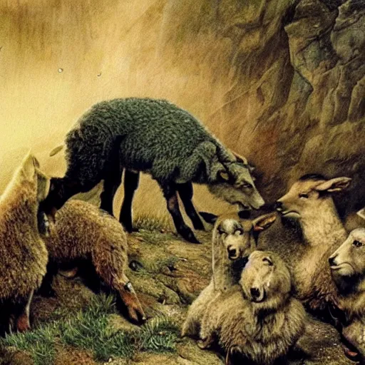 Image similar to when the lambs is lost in the mountain they is cry. sometime come the mother. sometime the wolf