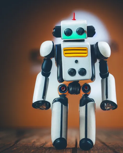 Image similar to high quality presentation photo of a retro toy robot, photography 4k, f1.8 anamorphic, bokeh, 4k, Canon, Nikon