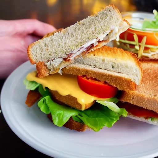 Prompt: sandwich with fried tofu, one red tomato slice, mayo, onion, avocado, melted cheddar, in a red dish, background saturn and stars in the sky