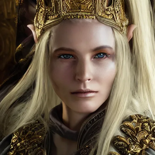 Image similar to the elder scrolls vi, regal blonde high elf royalty, portrait, exquisitely detailed throne room, atmospheric lighting, painted, intricate, volumetric lighting, beautiful, daytime,, slight overcast weather, 4 5 0 0 k, sharp focus, deep colours, ultra detailed, by leesha hannigan, ross tran, thierry doizon, kai carpenter, ignacio fernandez rios