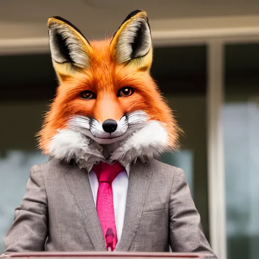 Image similar to a fox animal dressed in a suit giving a presidential press conference, 8 5 mm f / 1. 4