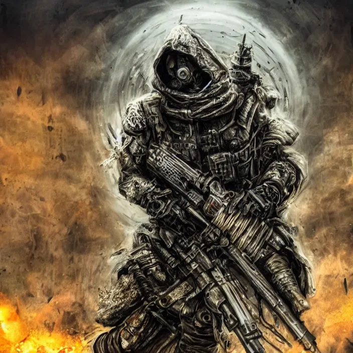 Image similar to gritty hooded apocalyptic man shouldering laser - rifle surrounded by destroyed machine, hyper - detailed, smooth, sharp focus, 4 k ultra hd, fantasy dark art, apocalyptic art