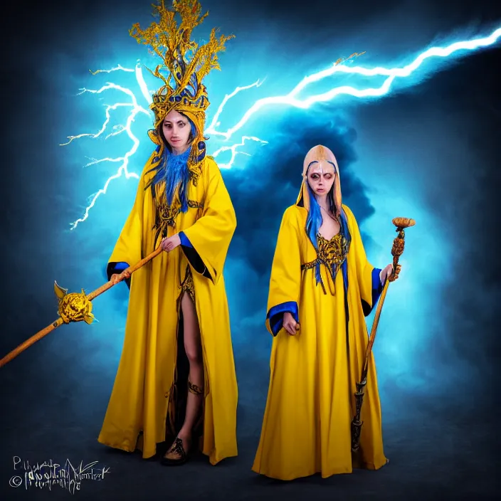 Image similar to photograph of a real - life beautiful elemental lightning witch with ornate yellow and blue robes and staff. extremely detailed. 8 k