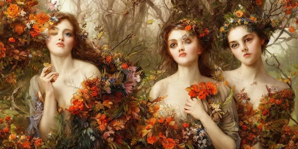 Image similar to breathtaking detailed concept art painting blend of two goddess of autumn by volegov with anxious piercing eyes, vintage illustration pattern with bizarre compositions blend of flowers and fruits and birds by beto val and john james audubon, exquisite detail, extremely moody lighting, 8 k