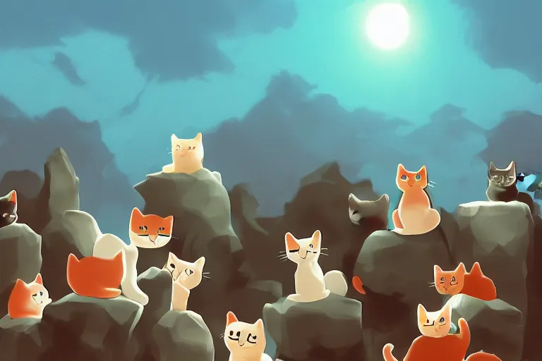 Prompt: cat standing on a rock in front of a crowd of cats, backlighting, digital art, trending on pixiv, fanart