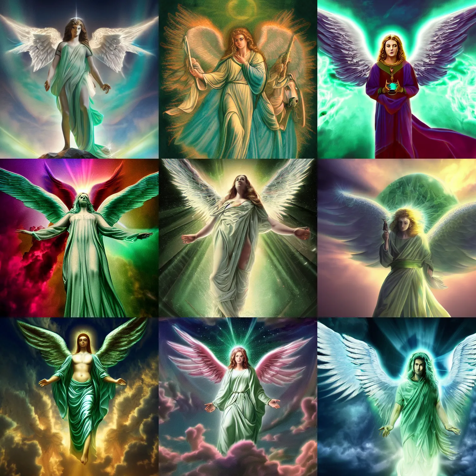 Prompt: angel ascending with four horseman of apocalypse, mintgreen colors only, divine, 4 k, sunlights, hd