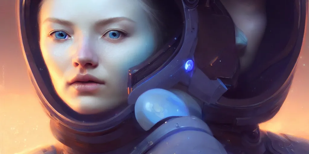 Image similar to facial portrait of a beautiful nordic woman, blue eyes, wearing space suit, extremely detailed digital painting, in the style of fenghua zhong and ruan jia and jeremy lipking and peter mohrbacher, mystical colors, rim light, beautiful lighting, 8 k, stunning scene, raytracing, octane, trending on artstation