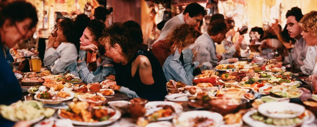 Image similar to a group of people licking from the same plate, food scattered all around, tension, canon 5 0 mm, cinematic lighting, photography, retro, film, kodachrome, closeup