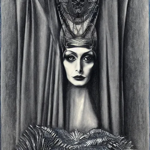 Image similar to Norma Desmond, pencil drawing. El Greco, Remedios Varo, Salvador Dali, Carl Gustav Carus, John Atkinson Grimshaw. Blue tint. Symetrical, logo, geometric shapes.