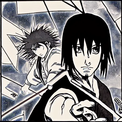 Image similar to Keanu Reeves teaches Sasuke how to chidori illustrated by Kishimoto highly detailed pen and ink manga panel