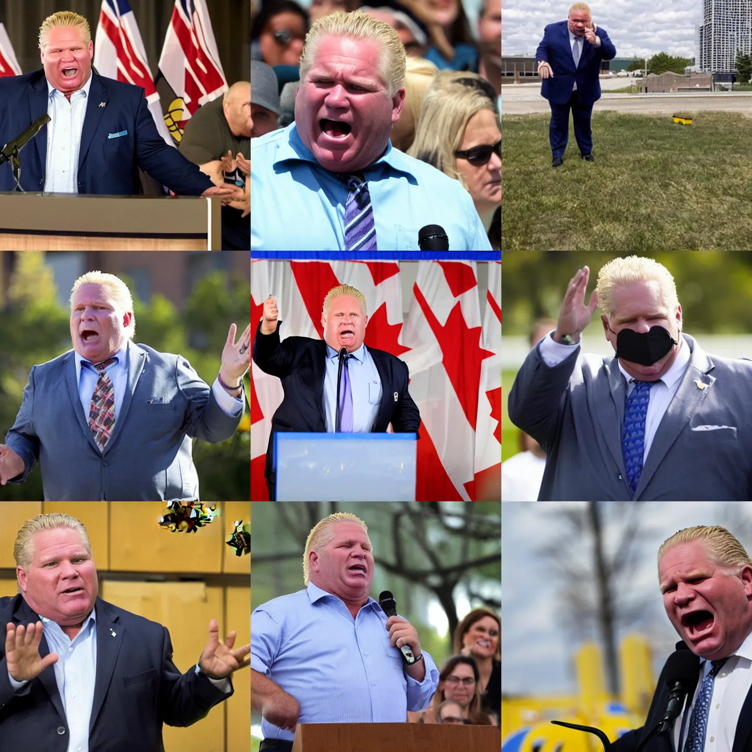 Prompt: doug ford yelling at healthcare workers as bees fly out from his mouth