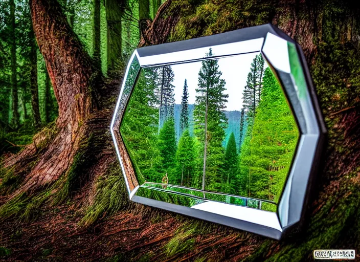 Image similar to photo of a crystal mirror that is a portal to another magical world. Forest in the background. Fantasy magic style. Highly detailed 8k. Intricate. Nikon d850 55mm. Award winning photography.