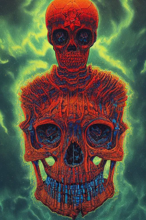 Image similar to 4K Indigenous cyberskull portrait inspired in beksinski and dan mumford work, remixed with Simon Stalenhag work, sitting on the cosmic cloudscape