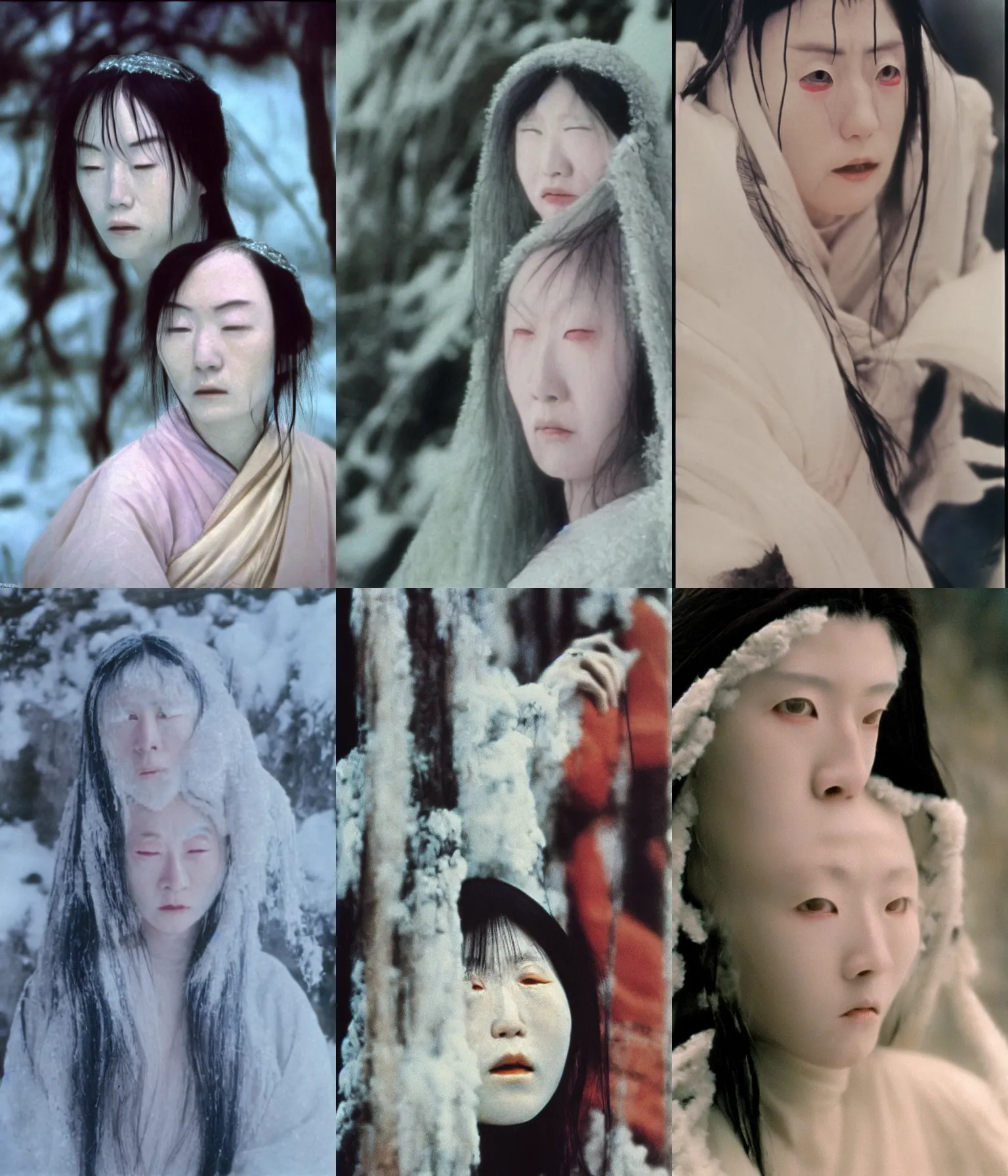 Prompt: full color still of a too realistic Yuki Onna portrayed by a pale Russian actress, 150mm lens by Akira Kurosawa, 1980 cinematography