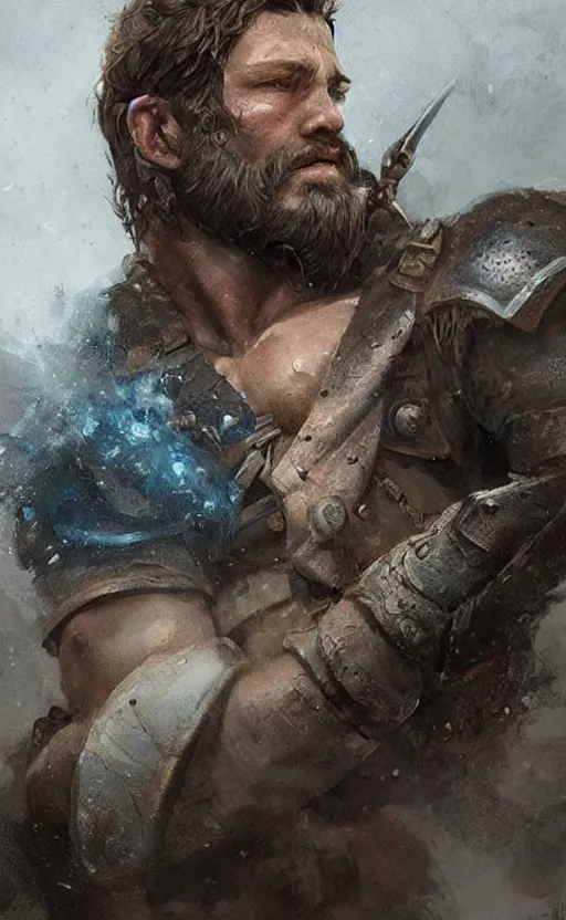 Prompt: Portrait of a rugged ranger, male, muscular, blue eyes!!!!, straight nose!!!, detailed face, exposed thighs!!!, simple clothing!!!!! fantasy, medieval, highly detailed, cinematic lighting, digital art painting by greg rutkowski