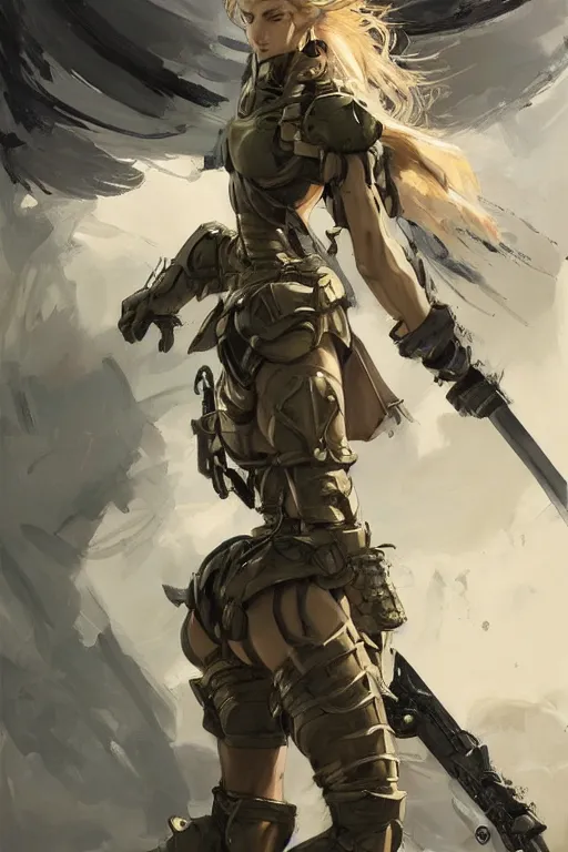 Image similar to a professionally painted portrait of an attractive young woman clothed in military-style battle armor, olive skin, long dark hair, beautiful bone structure, symmetrical facial features, intricate, elegant, hero shot, digital painting, concept art, smooth, sharp focus, illustration, finely detailed, from Metal Gear by Ruan Jia and Mandy Jurgens and Artgerm and William-Adolphe Bouguerea, award winning, trending on Artstation