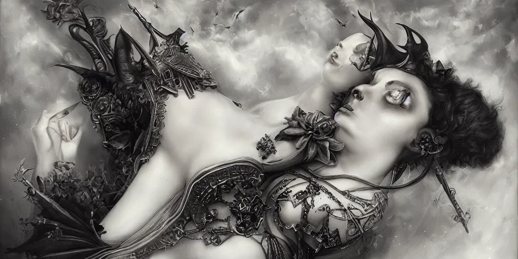 Image similar to By Tom Bagshaw, ultra realist soft painting of curiosities carnival by night, very beautiful horn single female gothic wearing corset sleeping on a overlord of the dead bed, partial symmetry features, very intricate details, omnious sky, black and white, volumetric light clouds