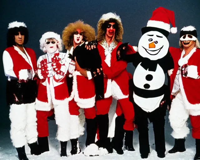 Image similar to 8 0's christmas special, featuring frosty the snowman, the band kiss, and the harlem globe trotters, frame from vhs tape