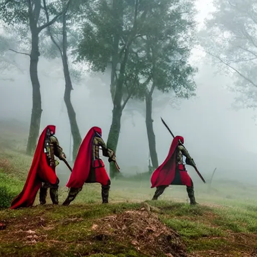 Prompt: soldiers with shields and swords and bows! hiding behind trees! on an elevated hill in a! misty, foggy! forest looking down on a army of gladiators with red capes, walking on a path through the forest below them.! shiny swords, well equiped, 4 k, realistic, anatomically correct, beautiful