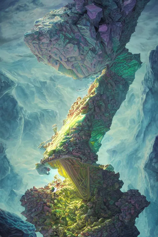 Image similar to iceberg lettuce face, painted by neil gaiman and glen orbik and julie bell and don maitz, trending on artstation, dramatic lighting isometric view epic fantasy, muted colors, futuresynth, psychedelic, lettrism