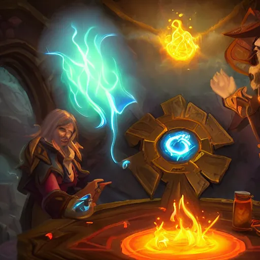 Image similar to glowing magic scroll floating on the table, magic smoke trails on the magical pen, epic fantasy style, in the style of hearthstone artwork