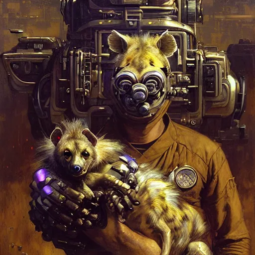 Image similar to portrait of a hyena gnoll doctor. futuristic spaceship. shadowrun furaffiniy cyberpunk fantasy highly detailed painting by gaston bussiere craig mullins jc leyendecker gustav klimt artgerm greg rutkowski john berkey, bergey, craig mullins, ruan jia, raymond swanland, jeremy mann, tom lovell, alex malveda