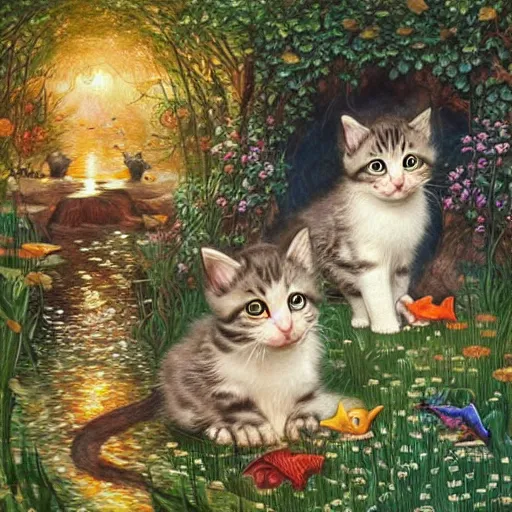 Image similar to two kittens in the enchanted forest watching the goldfish in the stream, fantasy, intricate, extremely detailed, matte, artstation, art by artgerm, louis wain