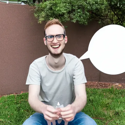 Prompt: a nerdy skinny white guy sitting on a cone, looking at the camera with a smirky face