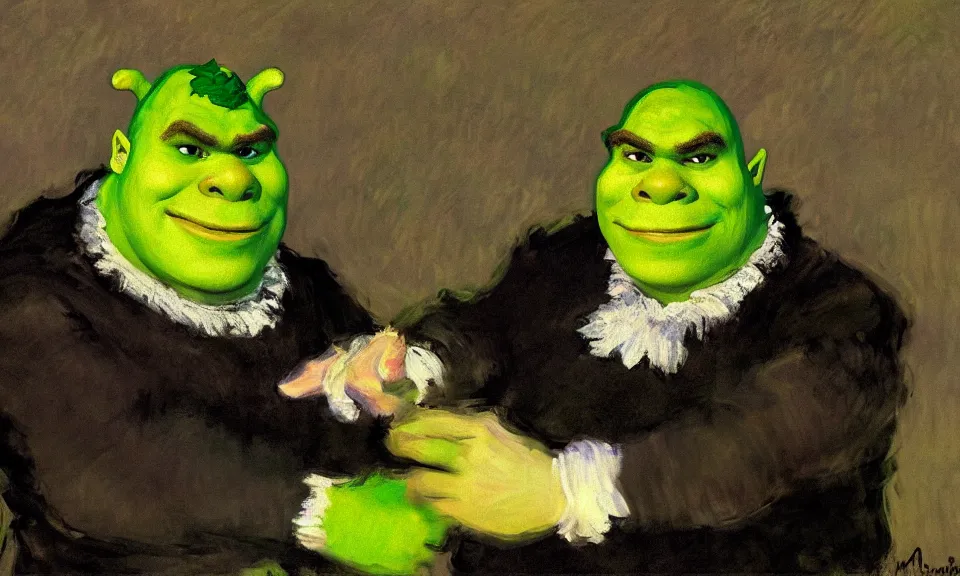 Prompt: a impressionist painting of shrek by edouard manet and claude monet, 4 k, trending on artstation, detailed, film still