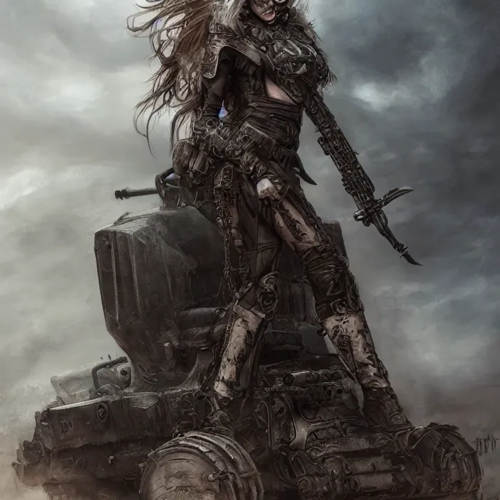 Image similar to beautiful apocalyptic woman in hooded cloak, standing on mad max panzer tank, hyper-detailed, smooth, sharp focus, 4k ultra hd, fantasy dark art, tank girl, artgerm, artstation, octane render, elegant, detailed digital painting, apocalyptic art