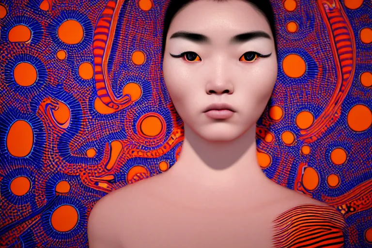 Image similar to hyperrealistic detailed image of a geisha laying in a art installation room, minimal psychedelic background by yayoi kusama, part by kei mieno, part by alex gray, part by ross tran, part by james jean, ultra realistic, highly detailed, life like face, detailed body, 8 k, octane render, trending on artstation, very cohesive, masterpiece