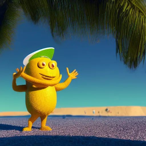 Image similar to 3 d render, of anthropomorphic lemon character, he is wearing a hat, building a sandcastle on the beach at sunset, beach, huge waves, sun, clouds, long violet and green trees, rim light, cinematic photography, professional, sand, sandcastle, volumetric lightening