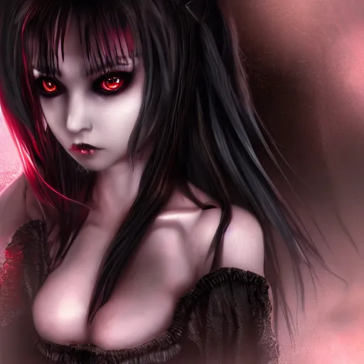 Image similar to photorealistic full shot portrait of kawaii angry darkness vampire anime girl, gothic clothing, worrying eyes, inspired by Tim Burton, detailed, unreal engine 4k volumetric light, fog,