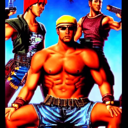 Prompt: portrait of rambo in double dragon video game splash screen