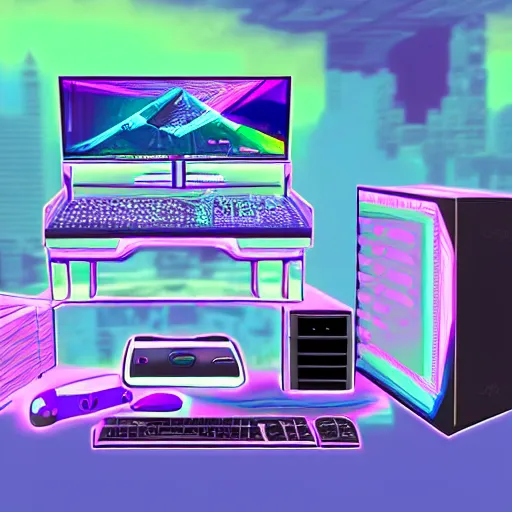 Image similar to Modern gaming pc, vaporwave,