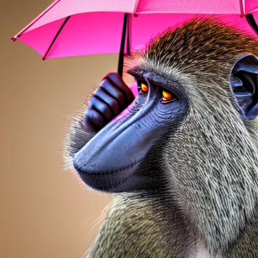 Prompt: baboon facing away from camera holding an umbrella, detailed, clean, realistic