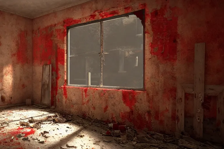 Image similar to ruined, abandoned polish bedroom, seen from inside. Strong red light falls through the broken windows. Dirt, leaves on ground. Unreal Engine. Substance painter. Zbrush. Trending on artstation. 8K. Red colorscheme. Highly detailed.