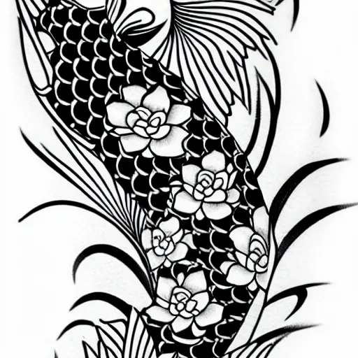 Image similar to black and white tattoo of koi fish with camelia flowers, on white background, japanese traditional style, stylized,