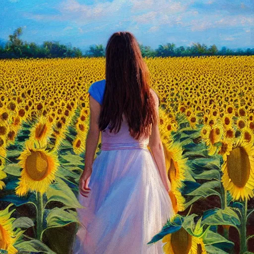 Image similar to a girl in really long dress slowly walking through amazing tall sunflower field, hair flowing, early morning lighting, elegant, subtle, intricate details, real masterpiece, oil on canvas, by somsak anong