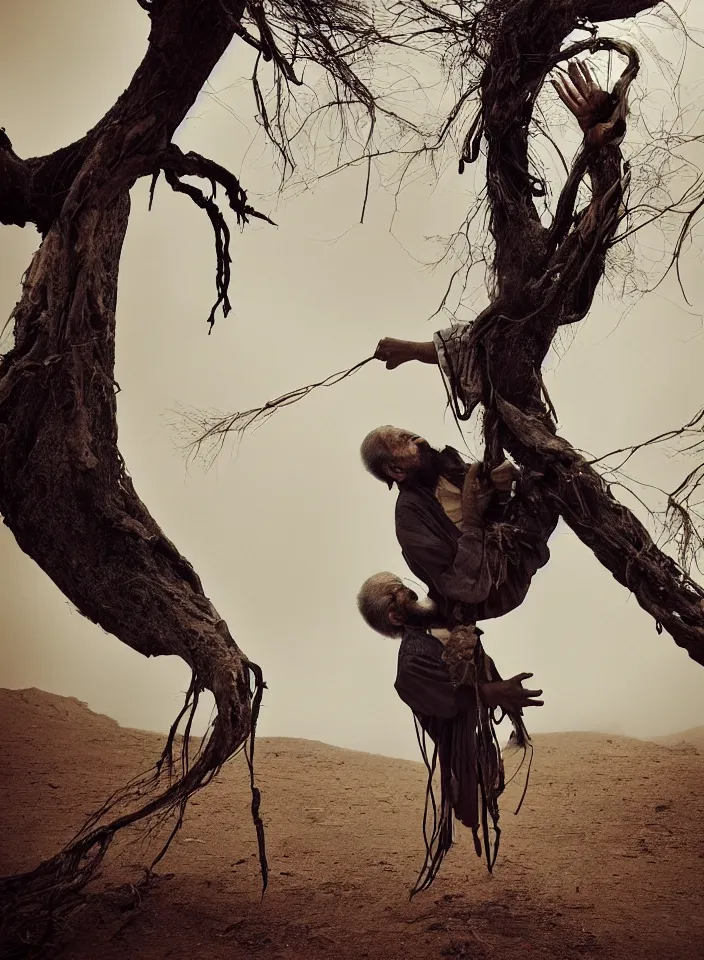 Image similar to full body shot of old asian man with long beard, hanging from a tree, his head upside down, covered in roots, bright multiple glowing eyes, holding a large carved wooden dark fractal stick, hanging upside down, head upside down, thick smoke around him, in the burning soil desert, cinematic shot, wide angle, dark desert background, volumetric lighting by Denis Villeneuve, Lubezki, Gaspar Noe, Christopher Doyle and Alejandro Jodorowsky, anamorphic lens, anamorphic lens flares, kodakchrome, cinematic composition, practical effects, award winning photo, 8k