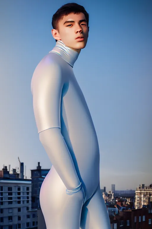 Image similar to un ultra high definition studio quality photographic art portrait of a young man standing on the rooftop of a british apartment building wearing soft baggy inflatable padded silver iridescent pearlescent clothing. three point light. extremely detailed. golden ratio, ray tracing, volumetric light, shallow depth of field. set dressed.