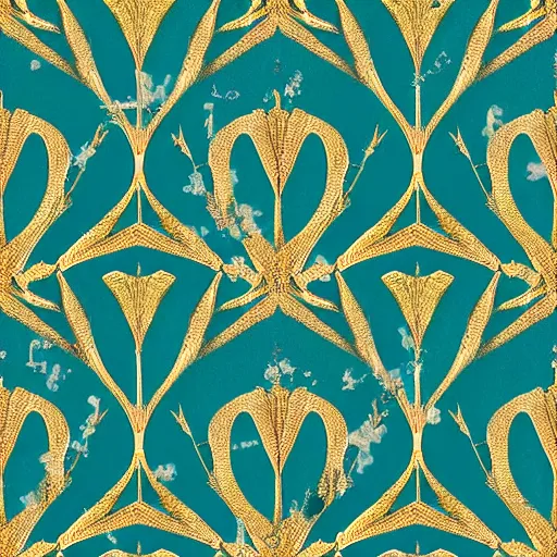 Image similar to symmetry, repeating pattern. seamless gold teal leaf. wall paper. art deco