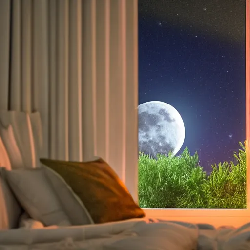 Image similar to A view through my window of a beautiful night sky, with the stars shining bright and the moon shining even brighter, rendered in unreal engine, 4k resolution, 60fps, HDR, Bloom effect, realistic sky, space sky, stars, rendered in octane, professional grade, professional photo.