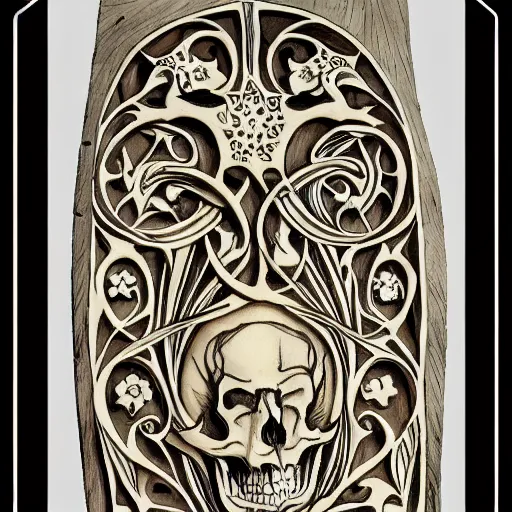 Prompt: memento mori detailed art nouveau bone carving by arthur rackham, gothic, intricately carved antique bone, skulls