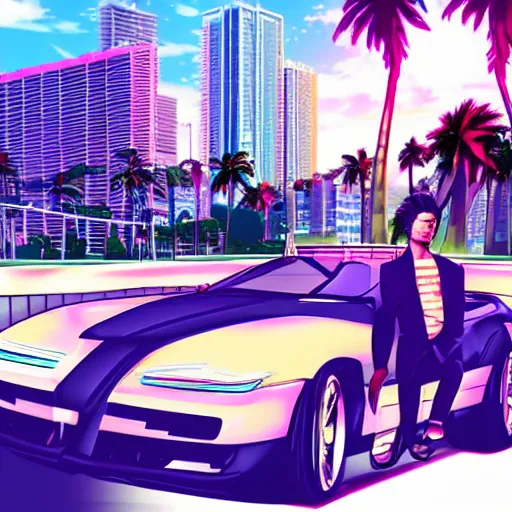 Image similar to vaporwave miami beach yakuza in suit driving in sports car driving with city in background